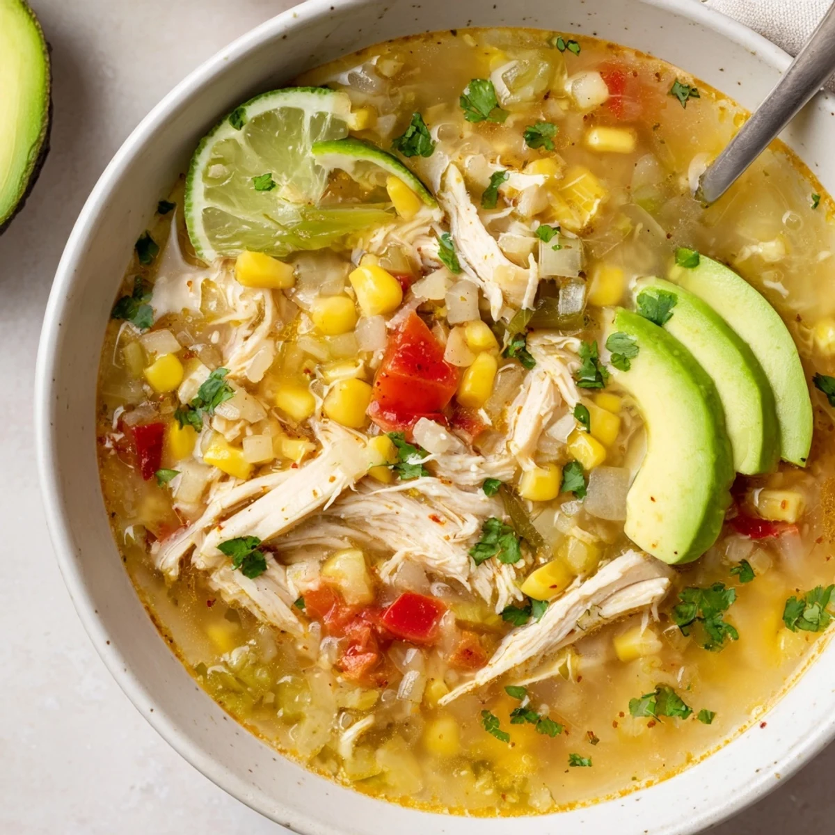 Bold Zesty Chicken Lime Soup recipe steaming in bowl, cilantro and lime