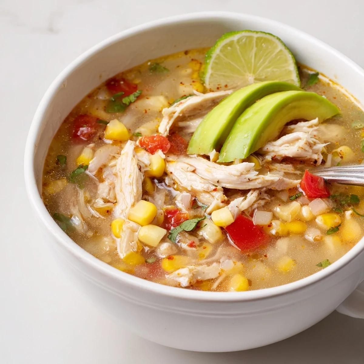 Spoon lifting broth from Bold Zesty Chicken Lime Soup, smoky cumin aroma
