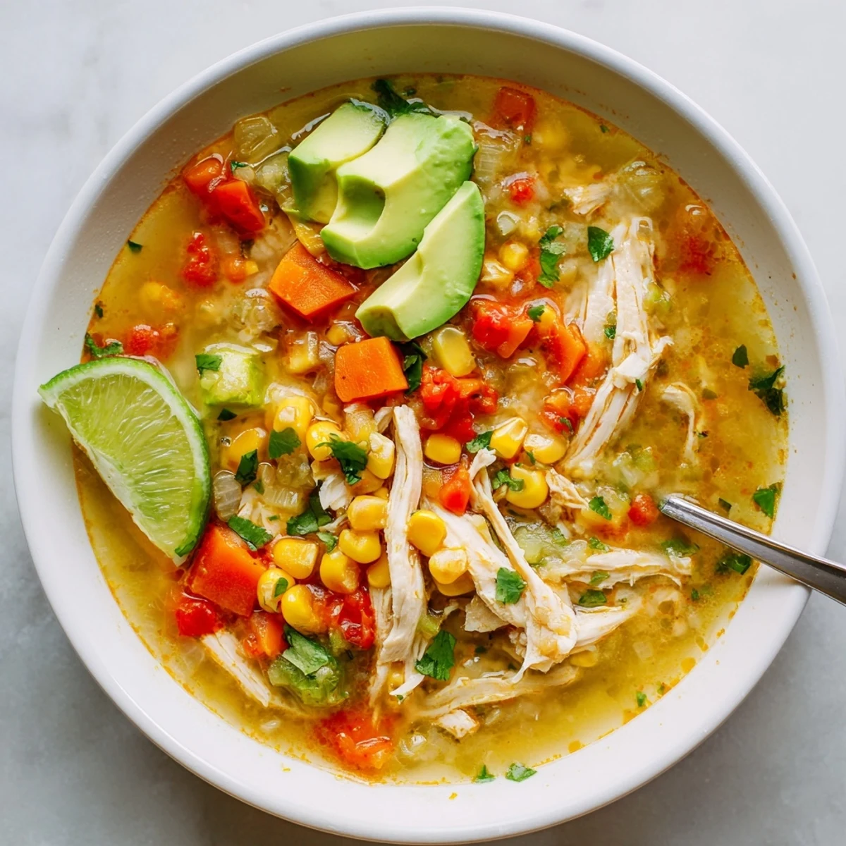 Bright bowl of Bold Zesty Chicken Lime Soup with avocado slices