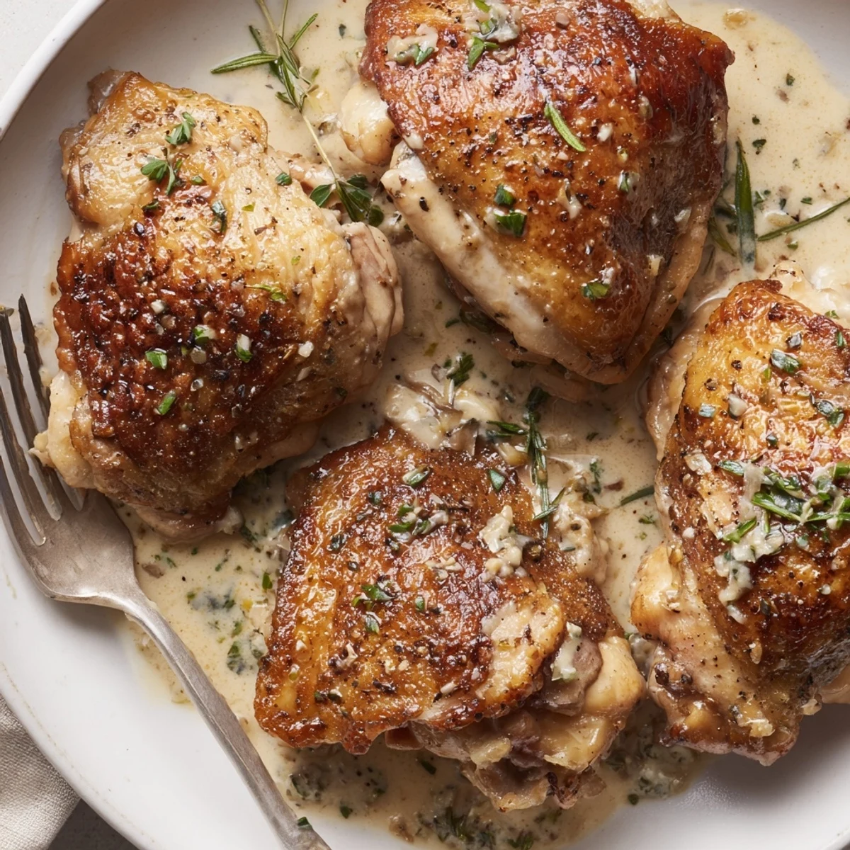 Creamy Garlic Chicken Thighs With Herbs sizzling in rich sauce, garnished parsley