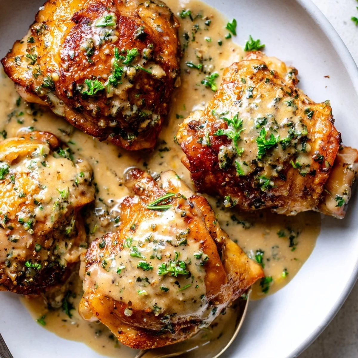 Golden seared Creamy Garlic Chicken Thighs With Herbs over buttery mashed potatoes