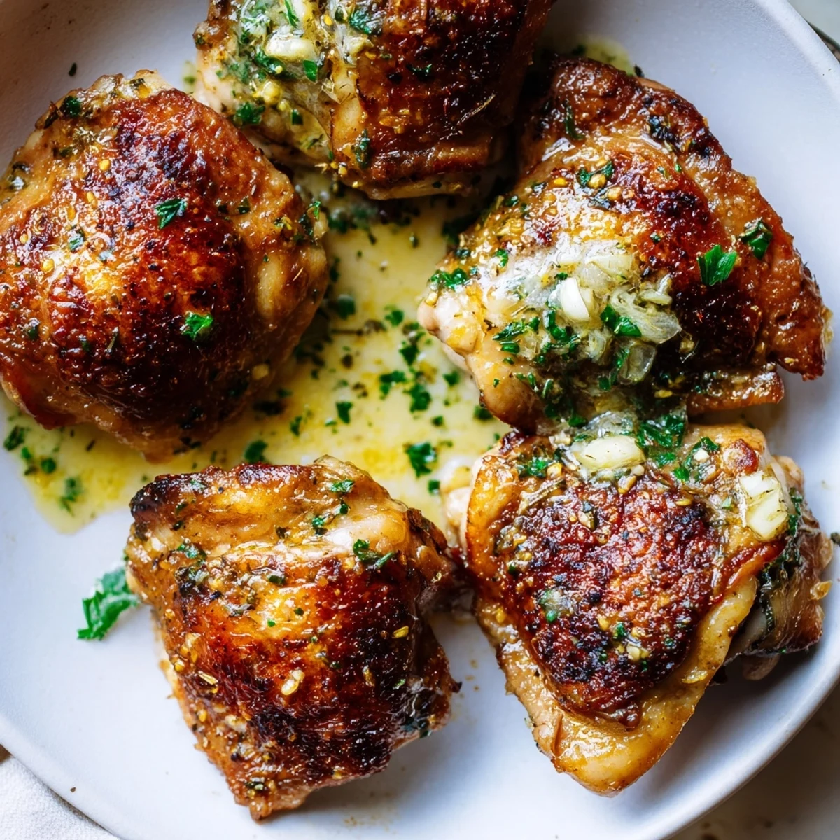One-pan Creamy Garlic Chicken Thighs With Herbs bathing in fragrant garlicky cream
