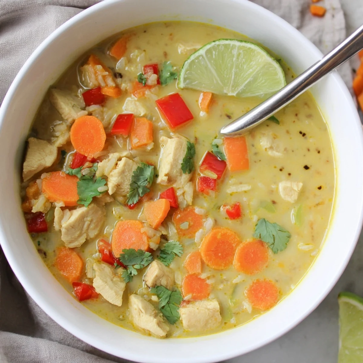 Spoon lifting Golden Coconut Chicken Rice Soup, tender chicken, lime and cilantro  