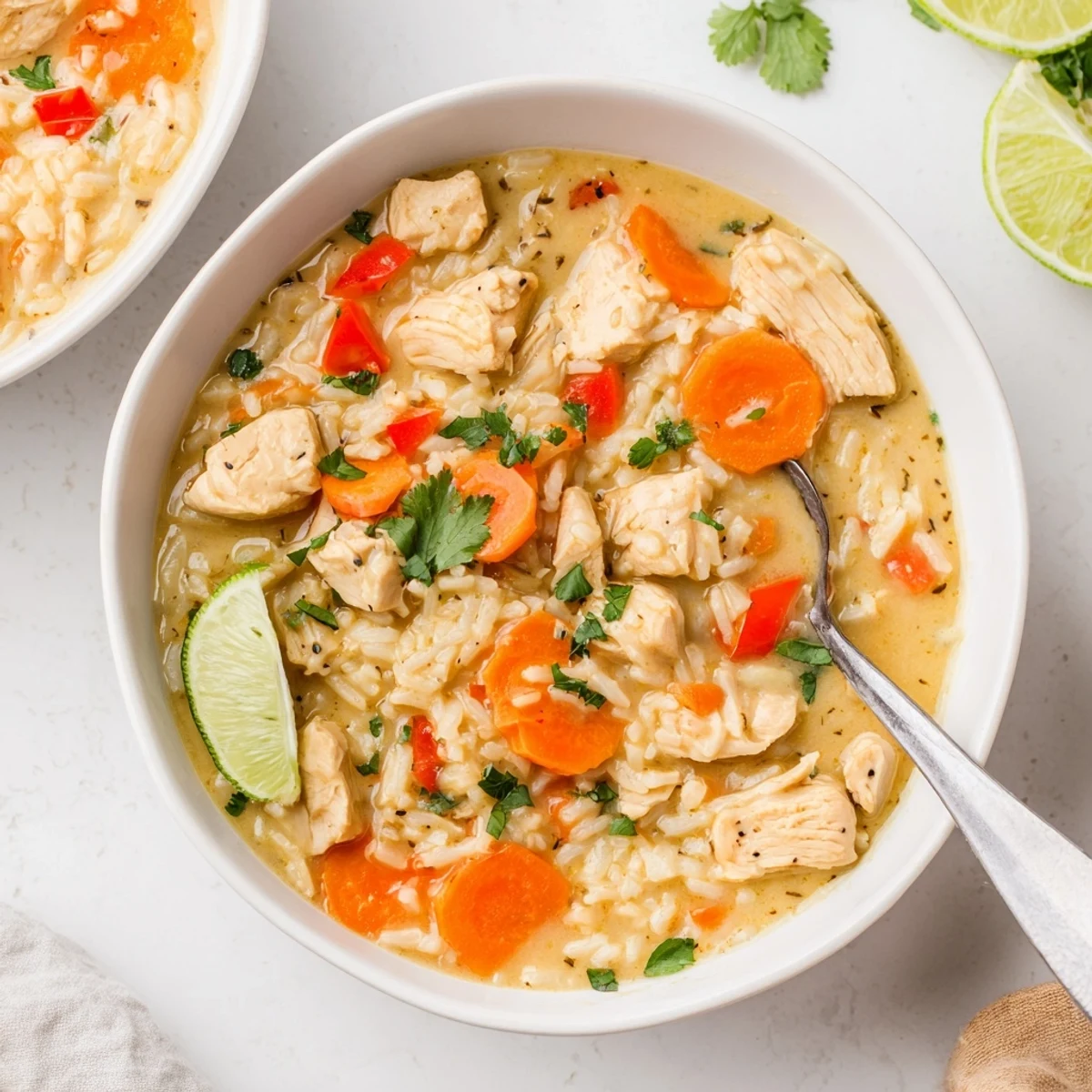 Golden Coconut Chicken Rice Soup steaming in a bowl, creamy turmeric aroma  