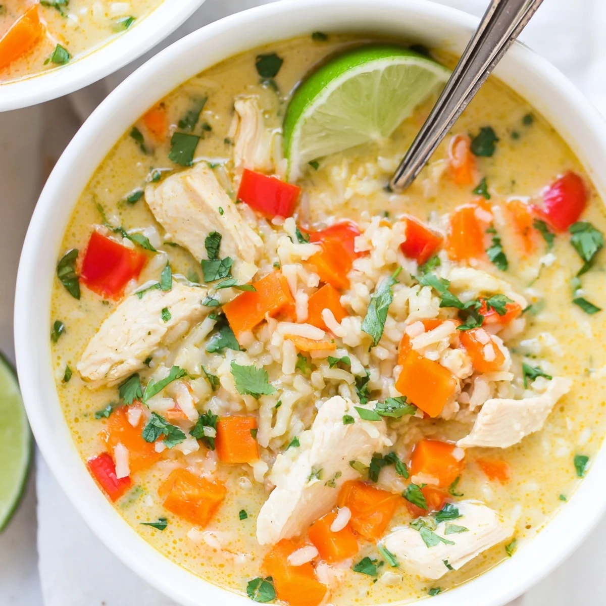 Hearty Golden Coconut Chicken Rice Soup served with lime wedge and fragrant ginger