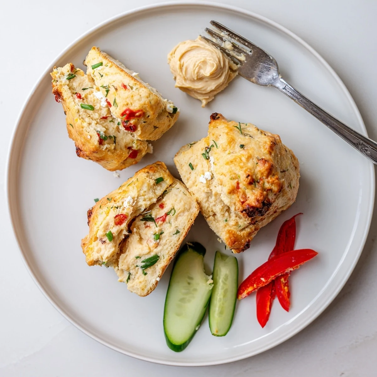 Warm Humous Scones with golden tops, soft crumb, served with hummus