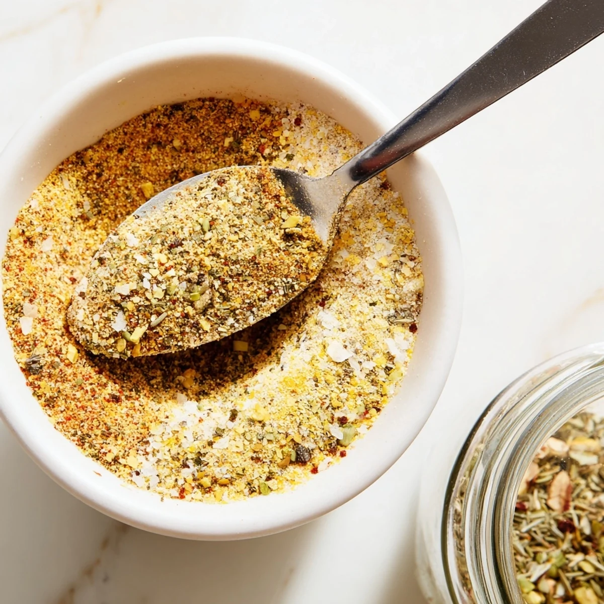 Vegan Chicken Seasoning in glass jar with golden flecks, savory aroma  