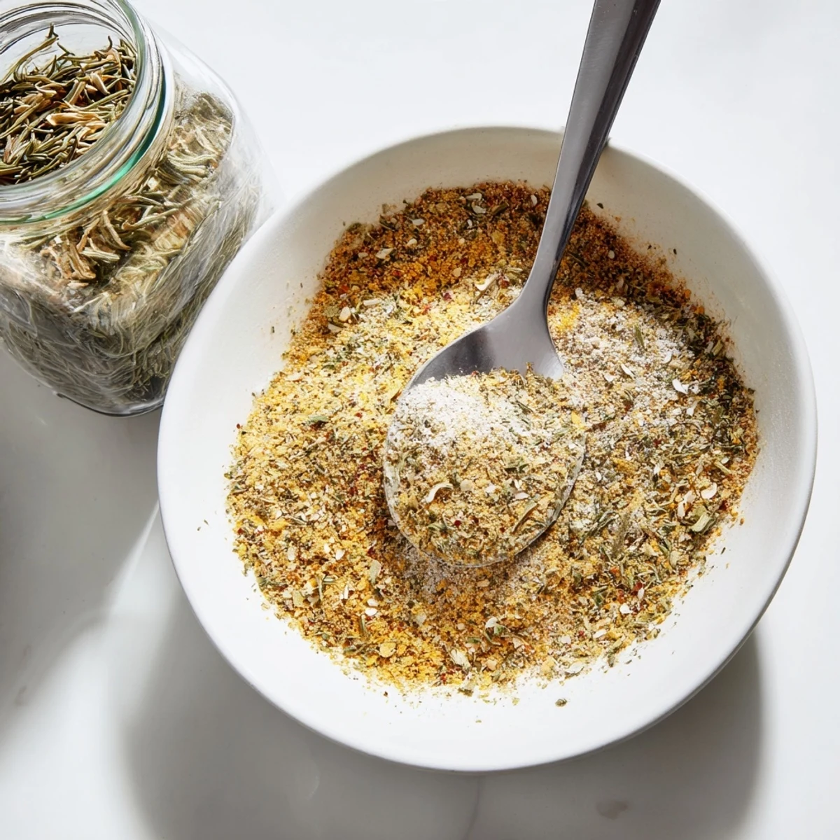 Sprinkled Vegan Chicken Seasoning coating roasted tofu and grilled vegetables, aromatic  