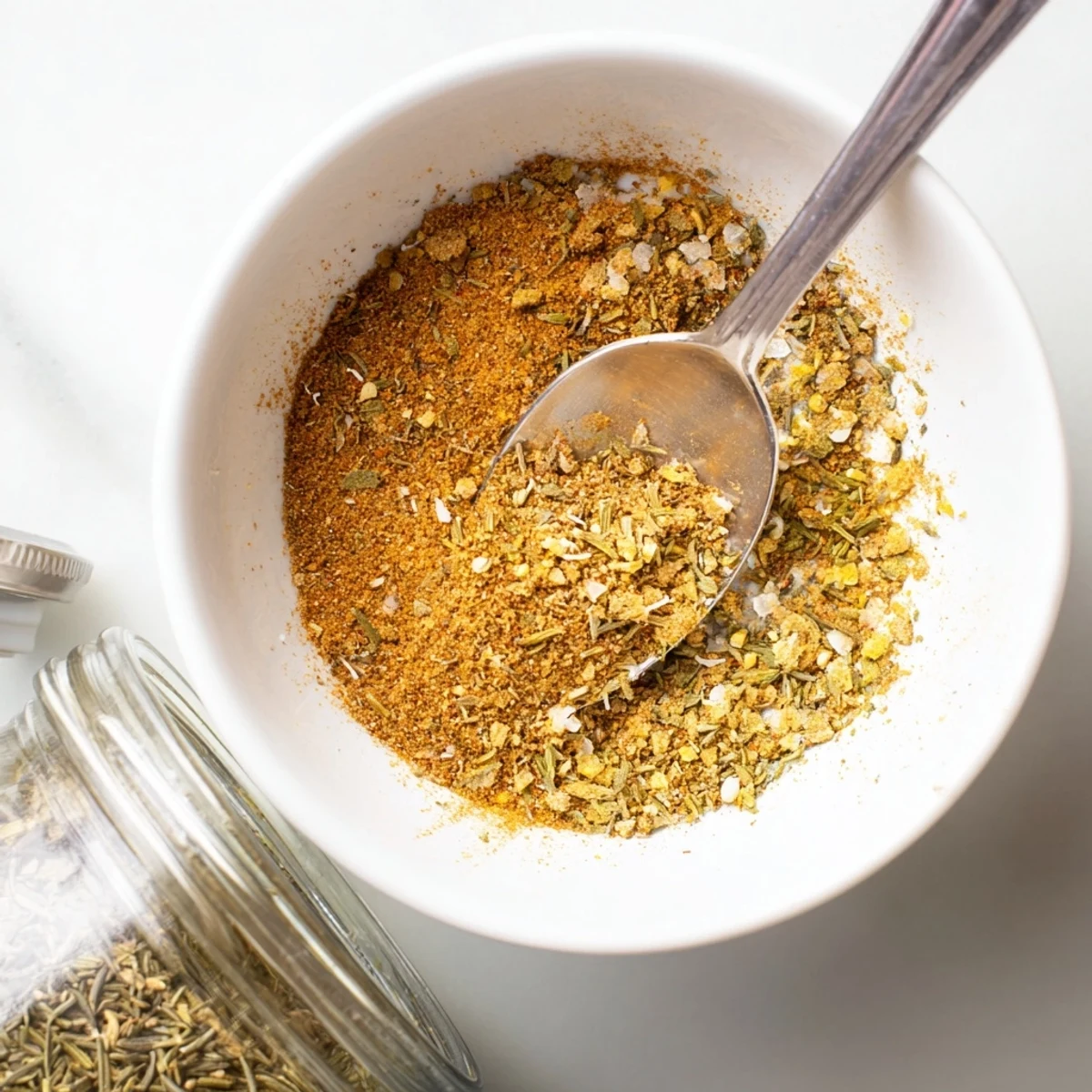 Spoonful of Vegan Chicken Seasoning beside lemon, ready for marinades