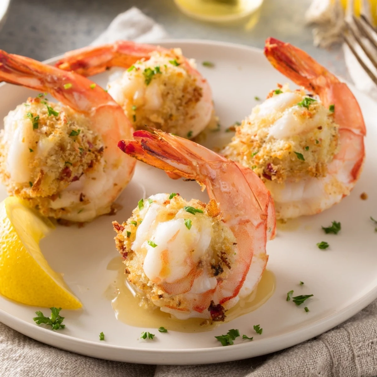 Oven-broiled Crab Cake Stuffed Shrimp With Cowboy Butter, golden tops, garlicky aroma