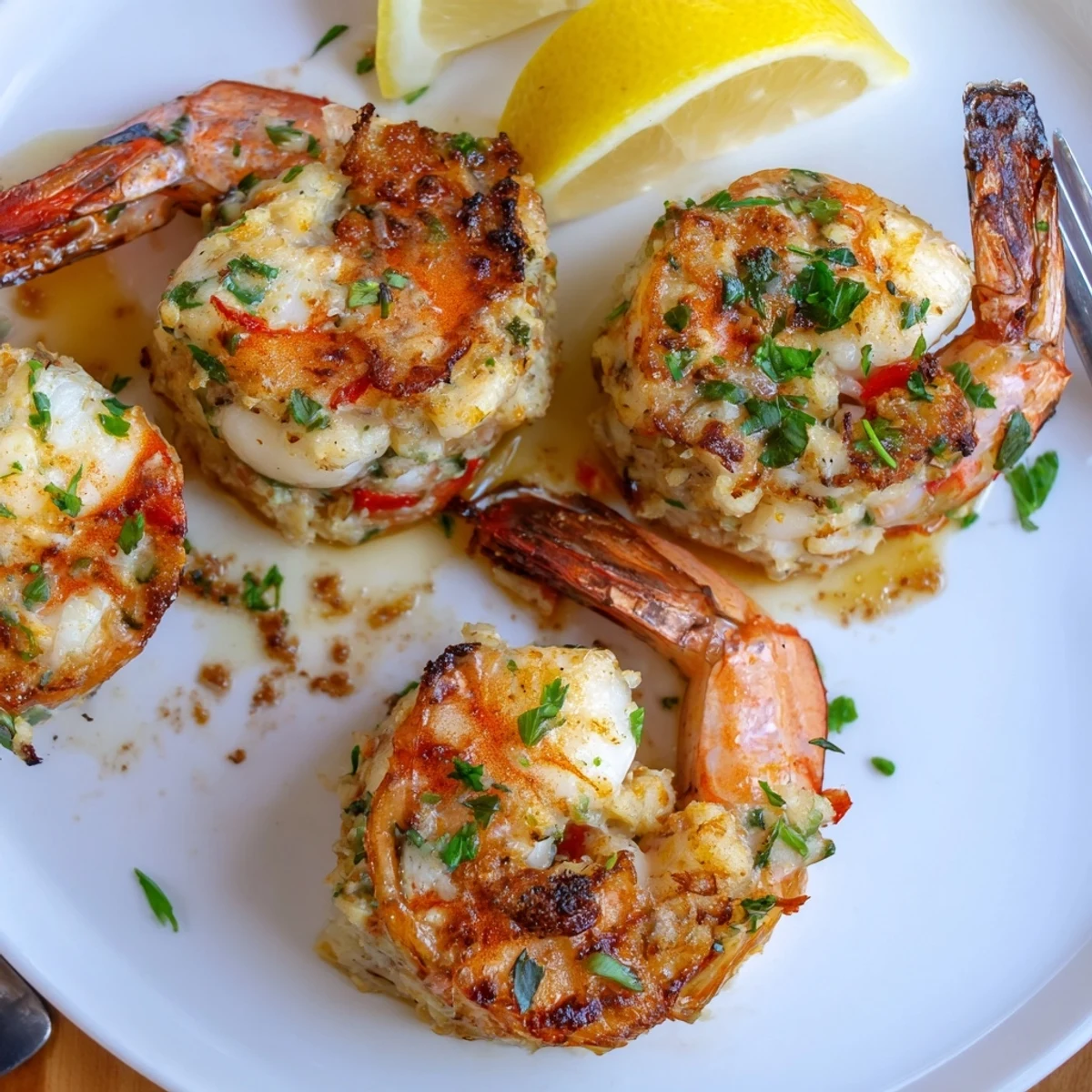 Crab Cake Stuffed Shrimp With Cowboy Butter plated warm, lemon wedge, parsley sprinkle