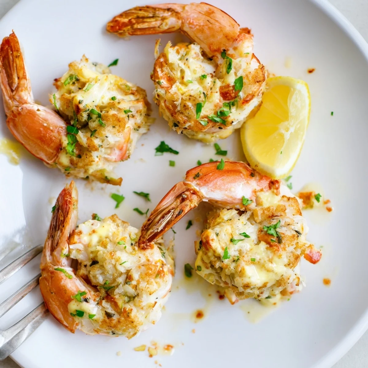 Pan-seared Crab Cake Stuffed Shrimp With Cowboy Butter, flaky filling, smoky buttery sauce