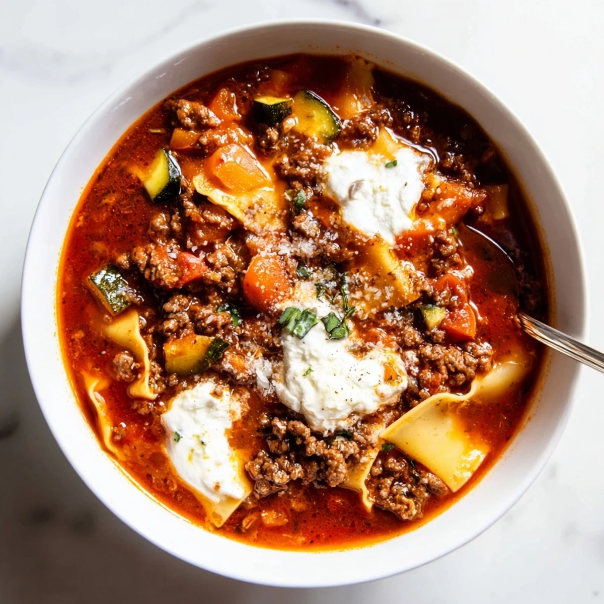 One Pot Lasagna Soup steaming in a bowl, bubbling tomato aroma, melted cheese