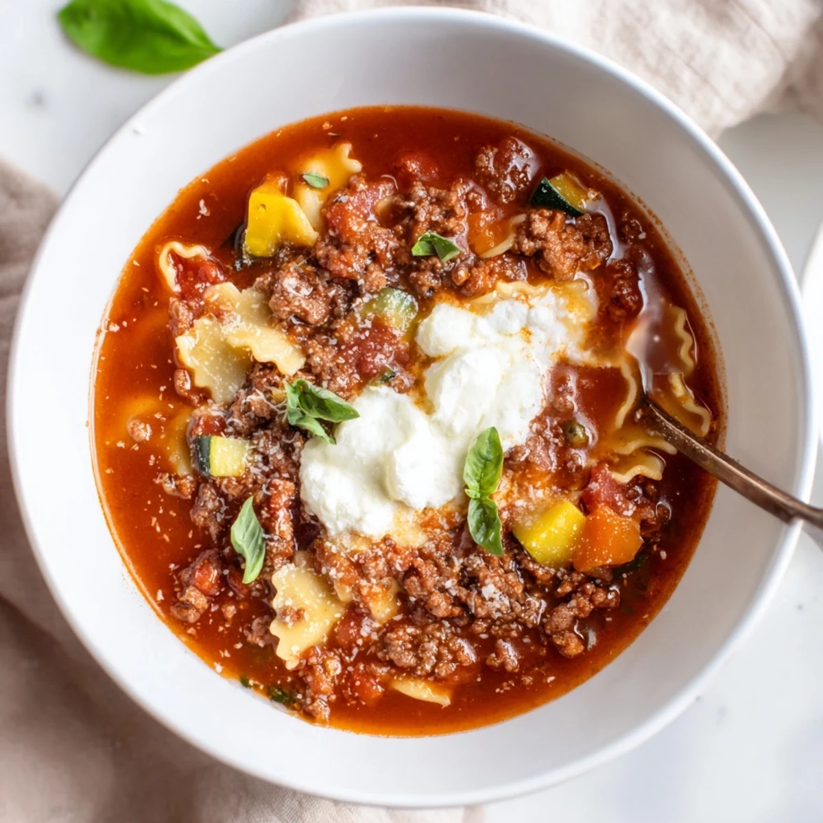 Warm One Pot Lasagna Soup ladled over crusty bread, ricotta dollops melting