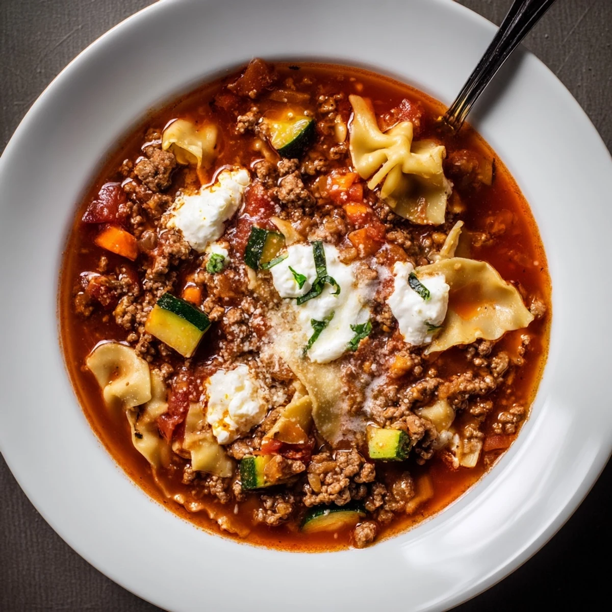 Hearty One Pot Lasagna Soup with tender pasta, browned beef, fresh basil