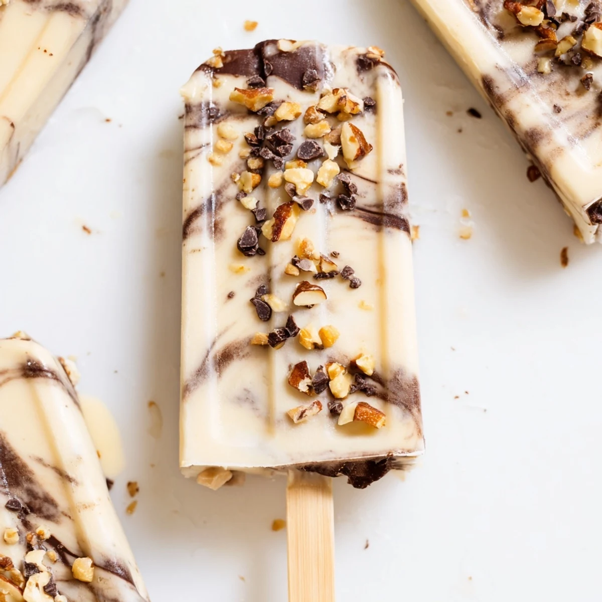 Creamy chocolate banana bliss popsicles with swirling dark chocolate ribbons on a wooden stick