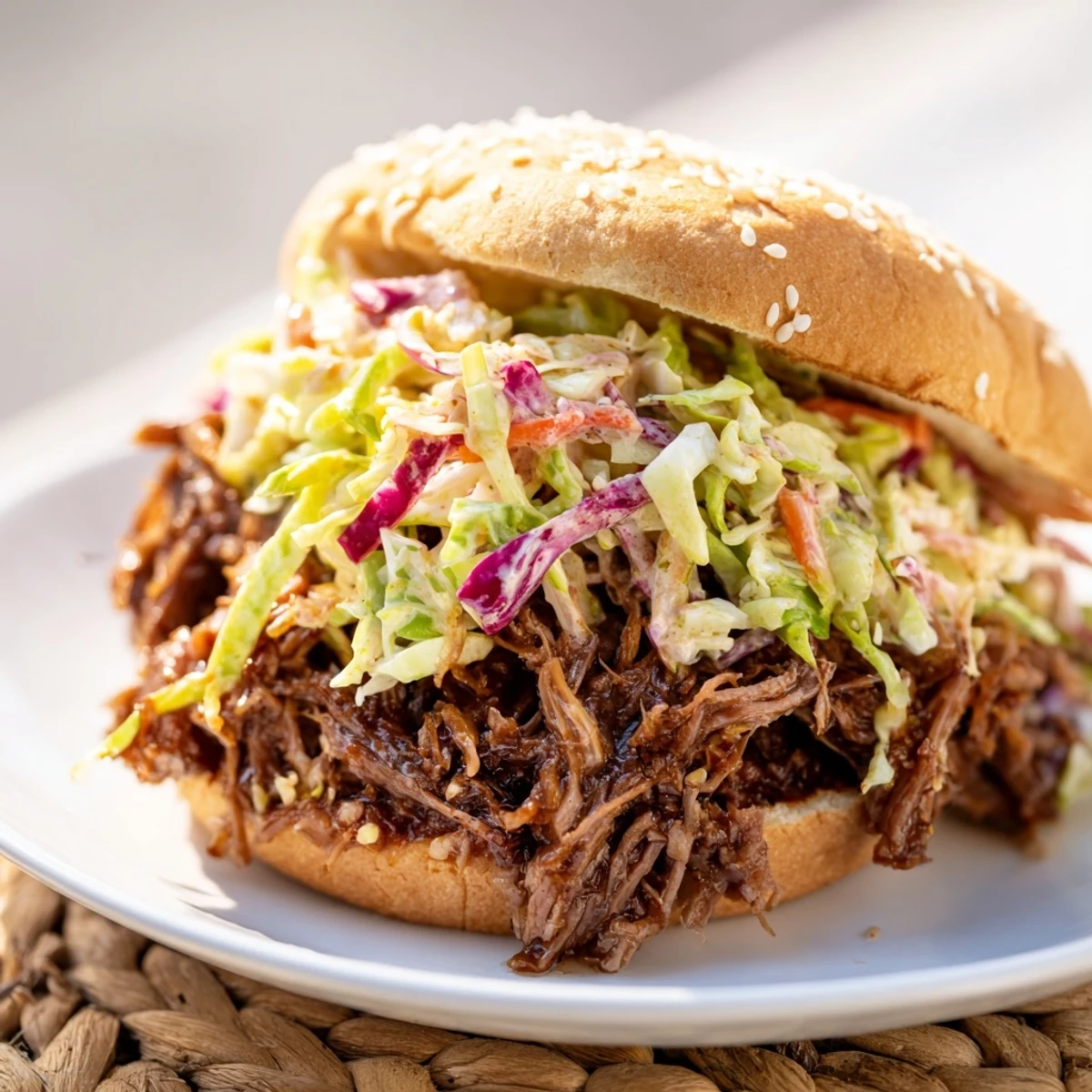 Golden smoky BBQ beef sandwiches piled high on toasted buns with crisp coleslaw