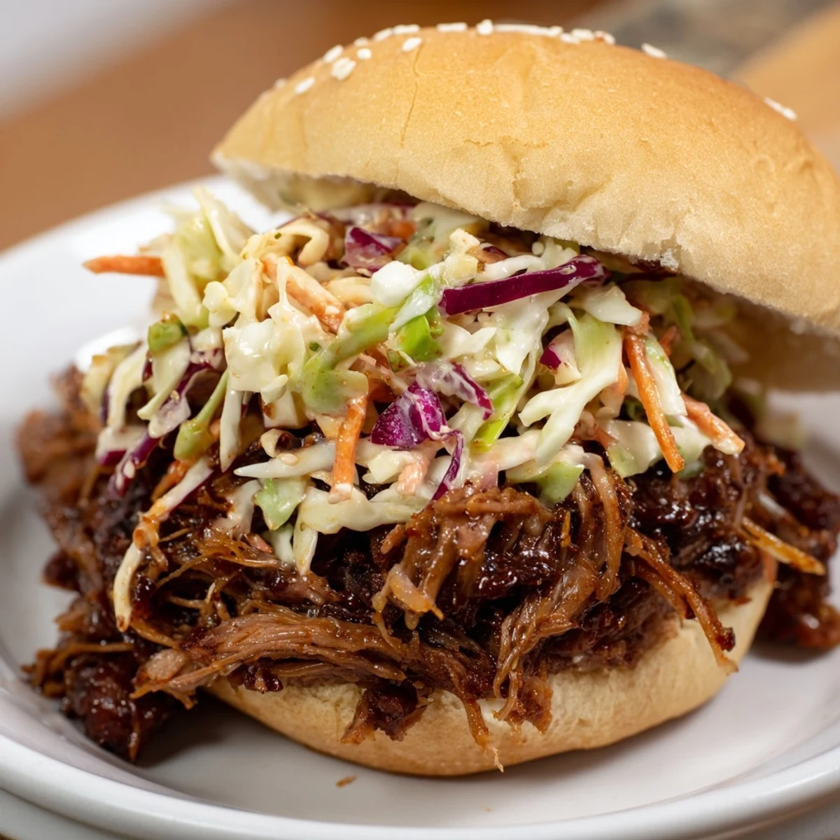 Tender shredded beef chuck roast in smoky BBQ sauce topped with crunchy colorful coleslaw