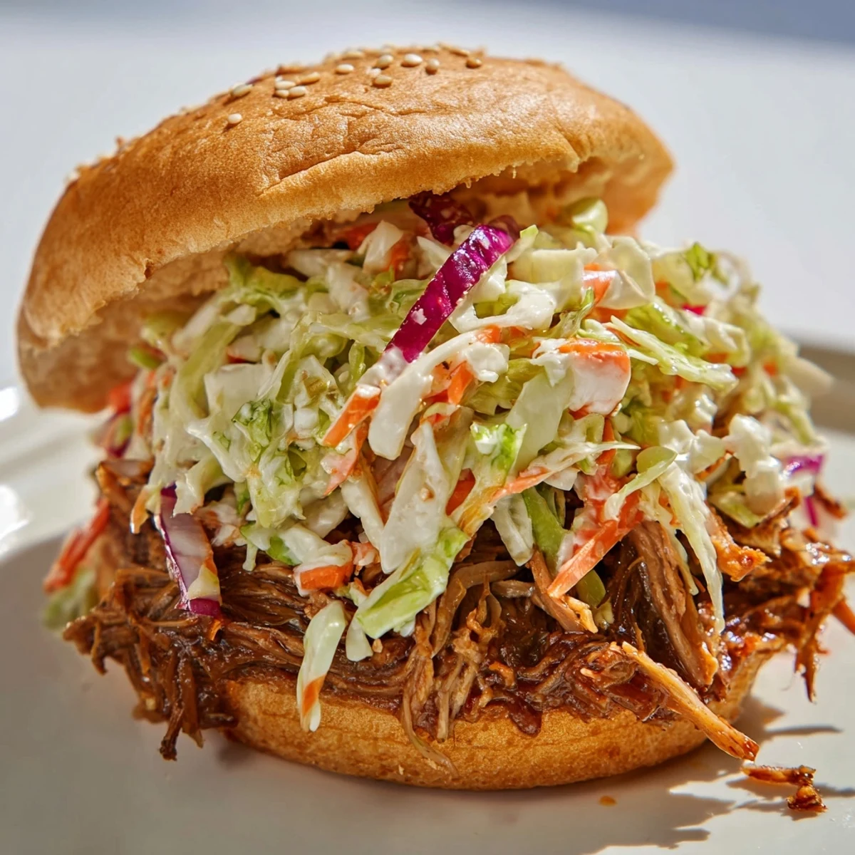 Homemade BBQ beef sandwiches featuring fresh cabbage coleslaw on soft sandwich buns for dinner