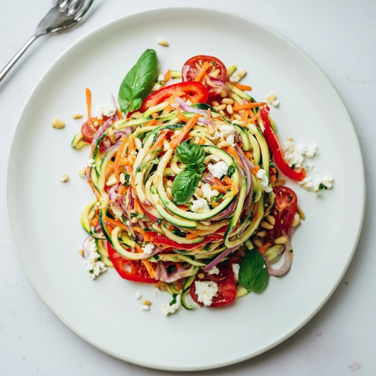 Vibrant zucchini noodle salad bowl topped with colorful fresh vegetables and tangy citrus dressing