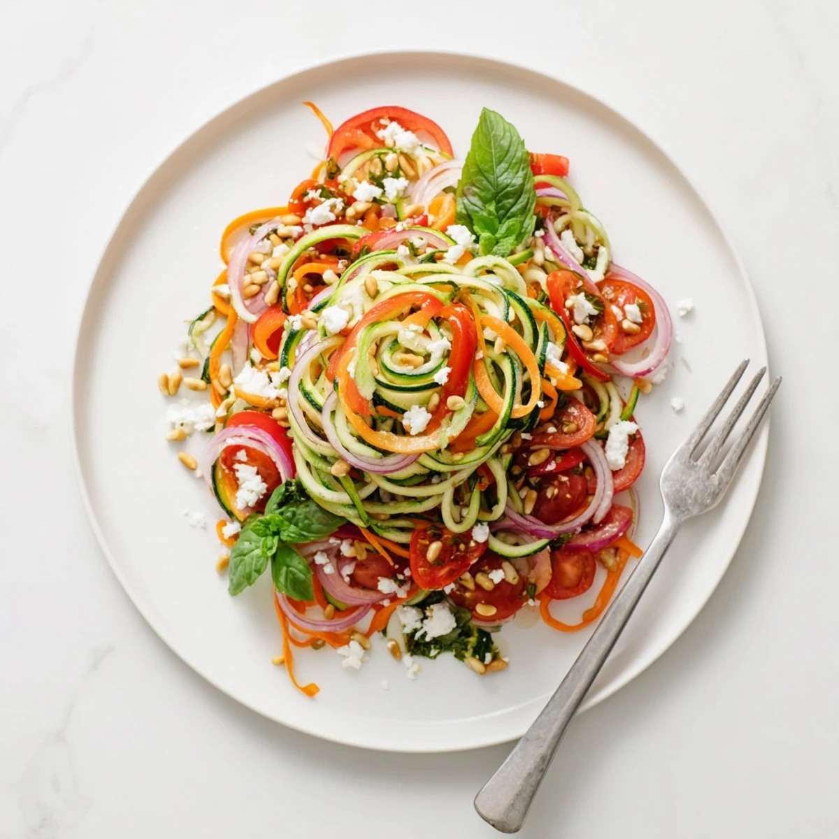 Light summer zucchini noodle salad featuring cherry tomatoes, bell peppers, and zesty homemade citrus dressing