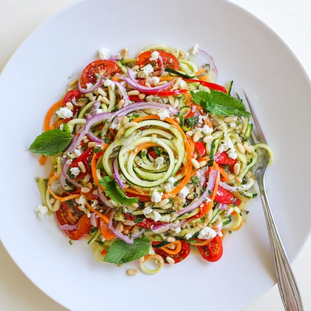Refreshing spiralized zucchini noodles tossed with crisp vegetables, herbs, and bright lemon lime vinaigrette