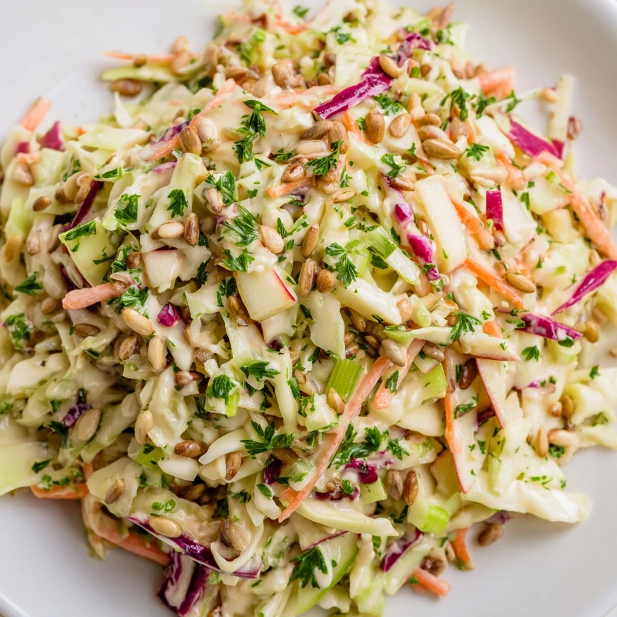 Colorful bowl of apple coleslaw topped with green onions and toasted sunflower seeds for added crunch and texture