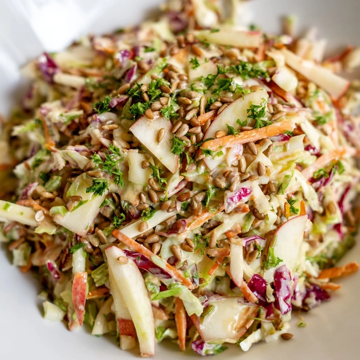 Fresh apple coleslaw featuring shredded green and red cabbage with crisp julienned apples in a creamy honey-mustard dressing