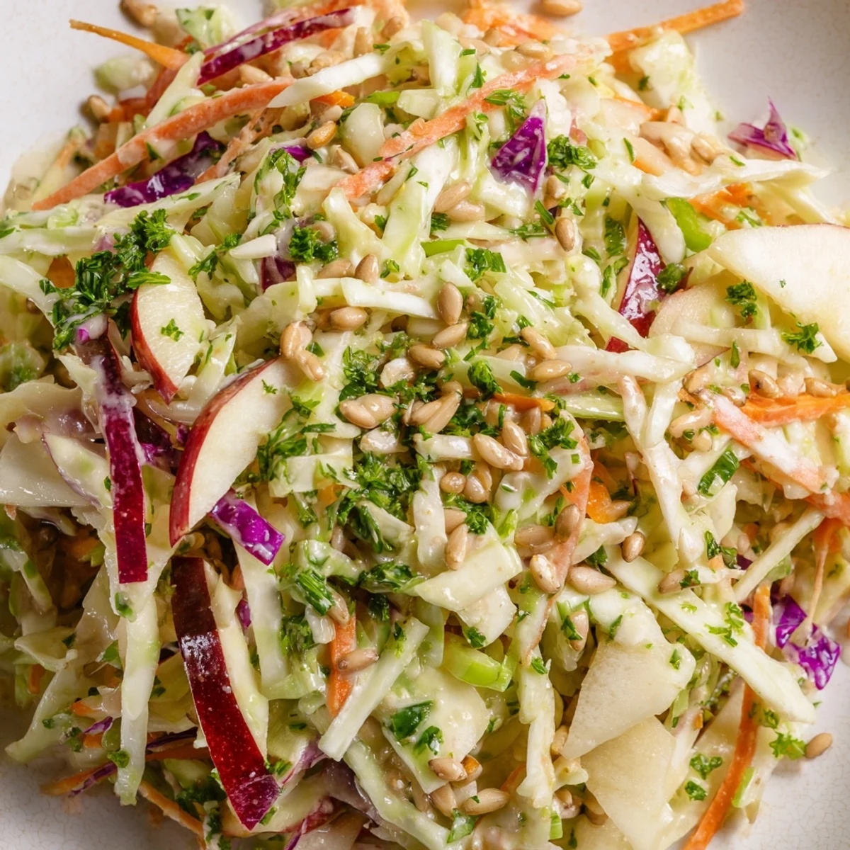 Tangy-sweet apple coleslaw salad mixed with grated carrot and creamy dressing, perfect for summer barbecues and picnics