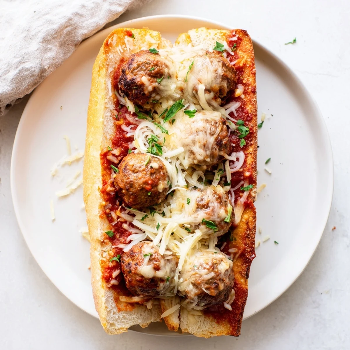 Homemade cheesy meatball subs baked until bubbly with garlic butter brushed crust and savory tomato sauce