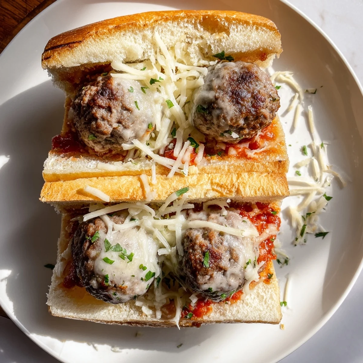 Golden toasted submarine roll overflowing with three meatballs in rich marinara sauce and melted mozzarella cheese
