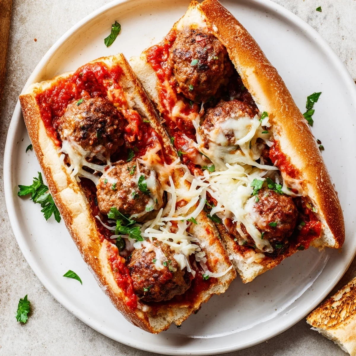 Crispy hoagie roll stuffed with juicy beef meatballs simmered in Italian marinara and topped with gooey melted cheese
