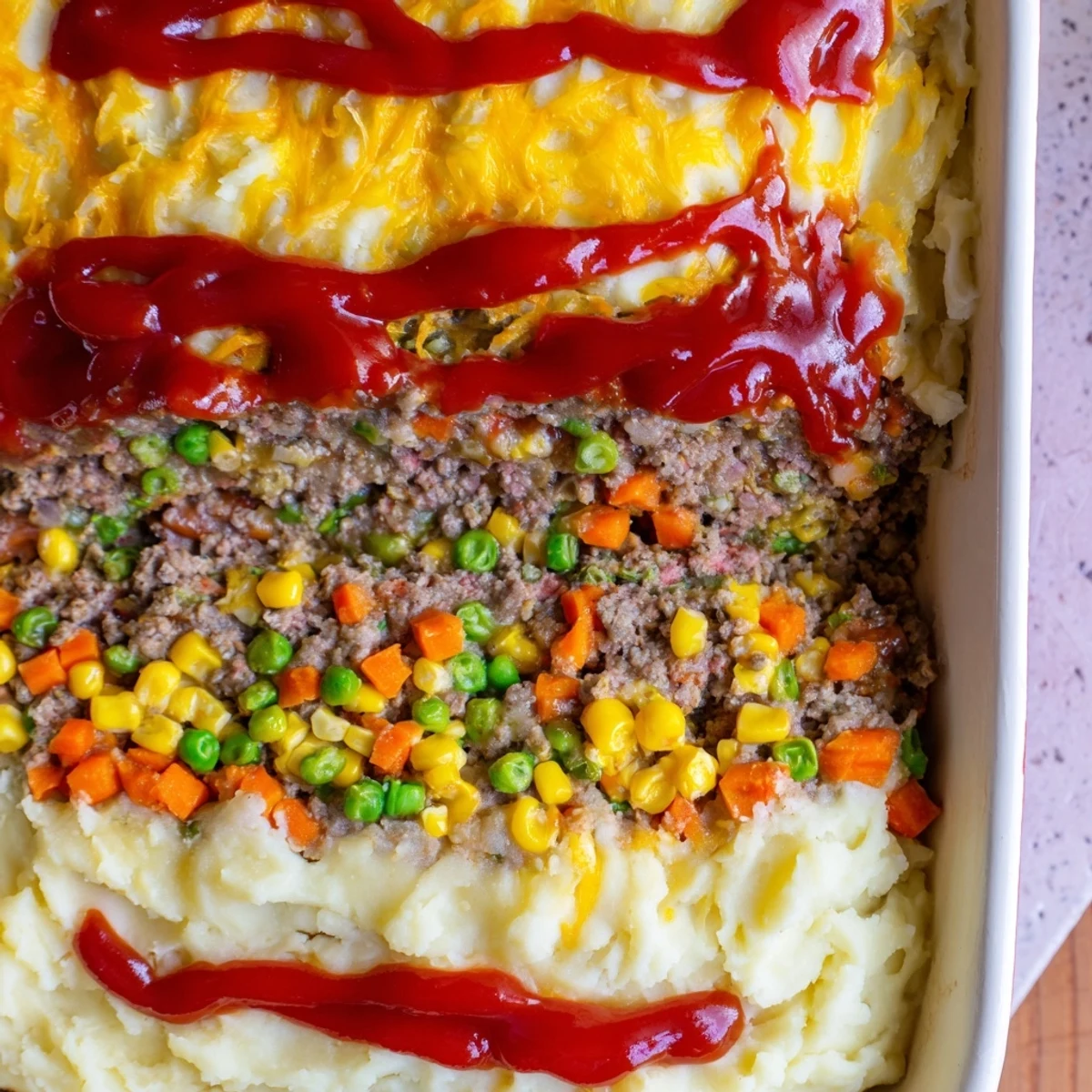 Golden meatloaf casserole topped with creamy mashed potatoes and melted cheddar cheese bubbling in a baking dish