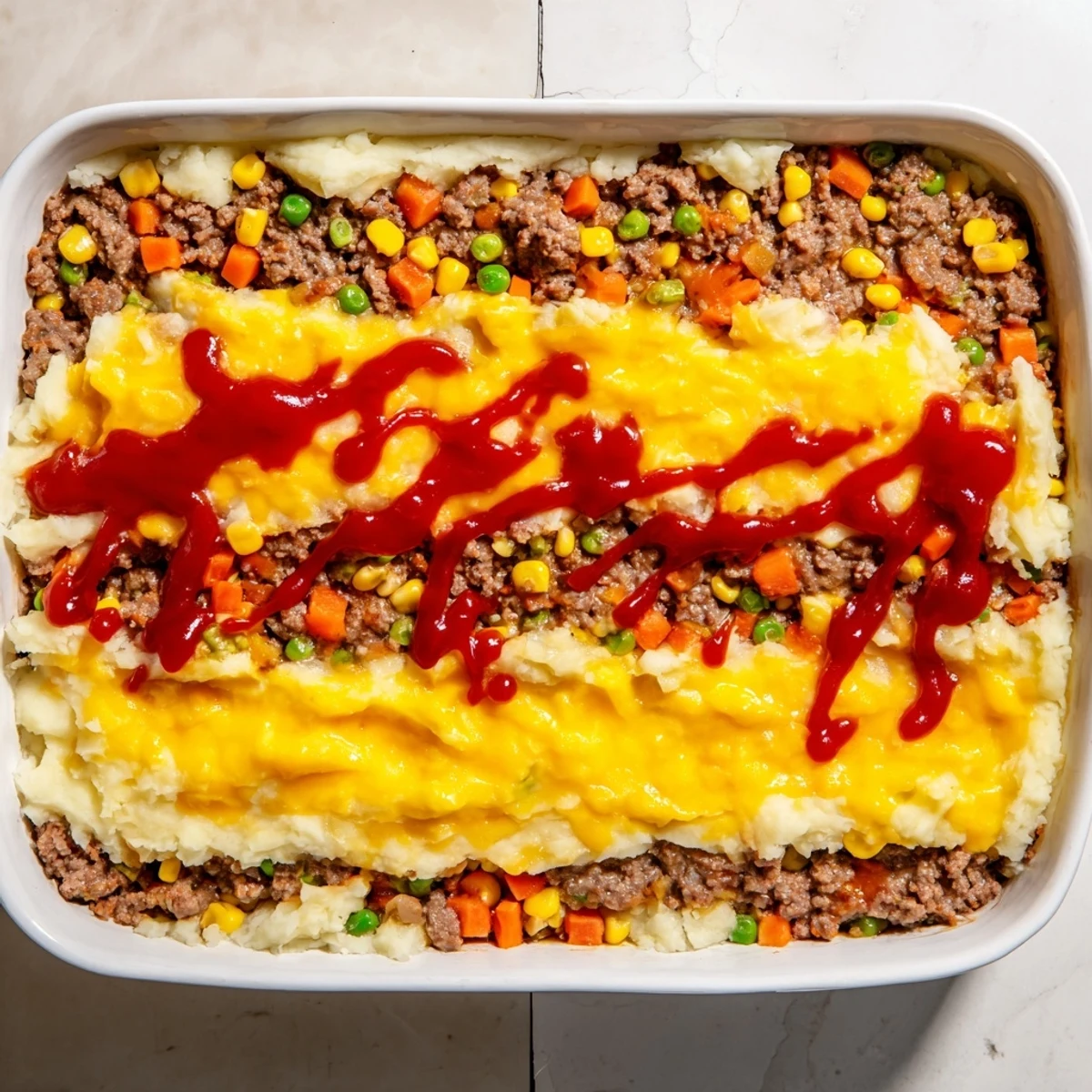 Hearty meatloaf casserole layered with fluffy mashed potato topping and golden cheese served in a square white baking dish