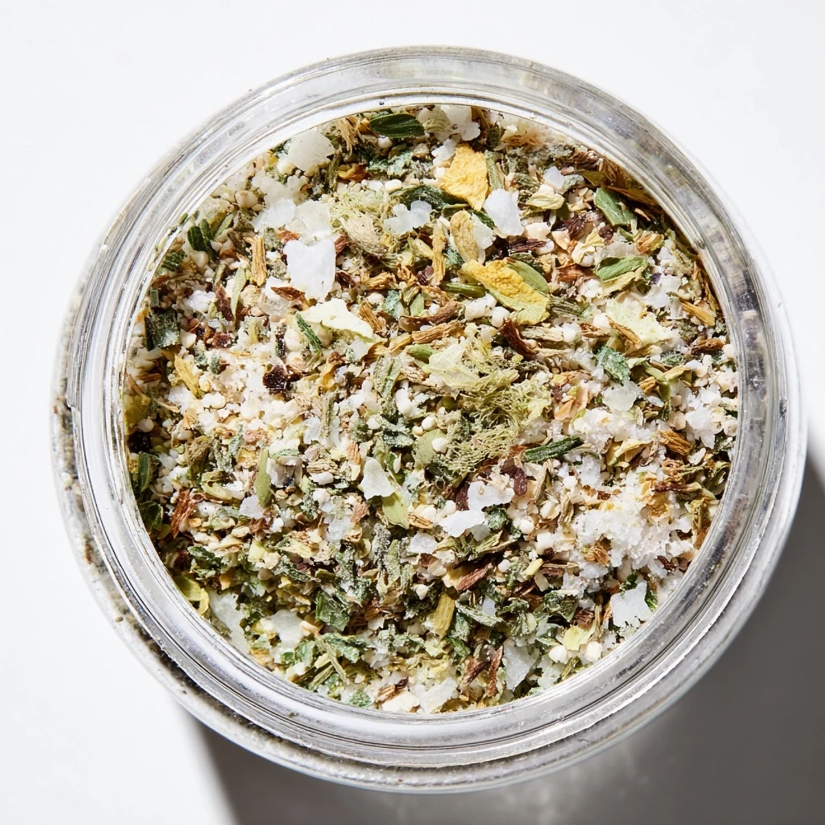 Glass jar filled with homemade dehydrated tzatziki seasoning mix featuring dried dill, garlic flakes, and mint