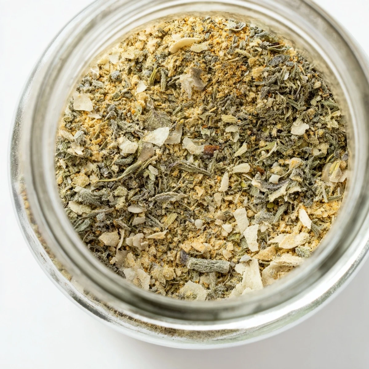 Mason jar containing vibrant dehydrated tzatziki seasoning mix beside fresh cucumber and dried herbs