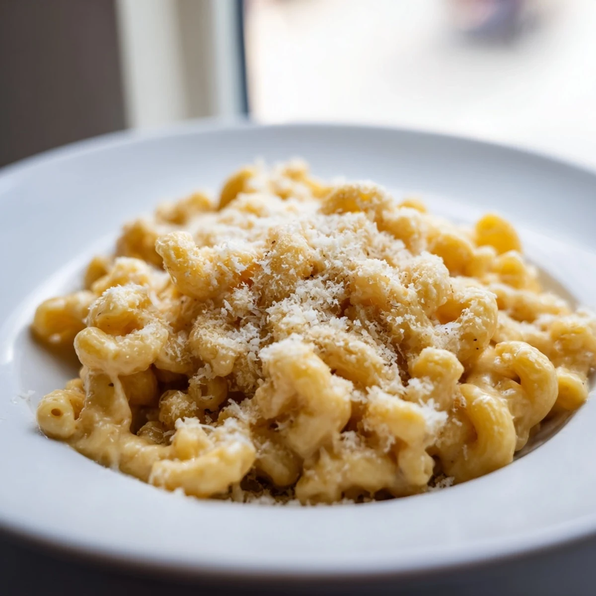 Golden baked mac and cheese topped with buttery breadcrumbs and bubbling melted cheddar