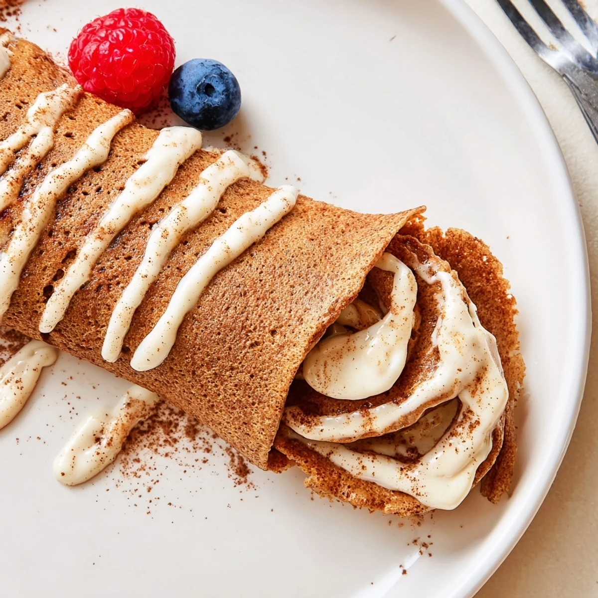 Golden thin Cinnamon Roll Protein Crepes on plate, drizzled maple, fresh berries