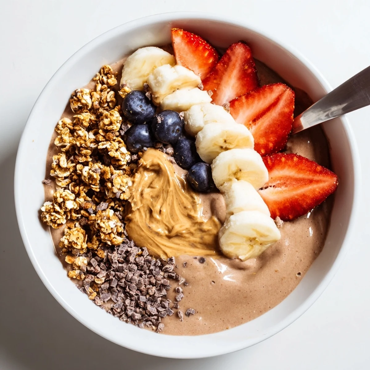 Creamy Coffee Protein Smoothie Bowl topped with granola, banana, and cacao nibs