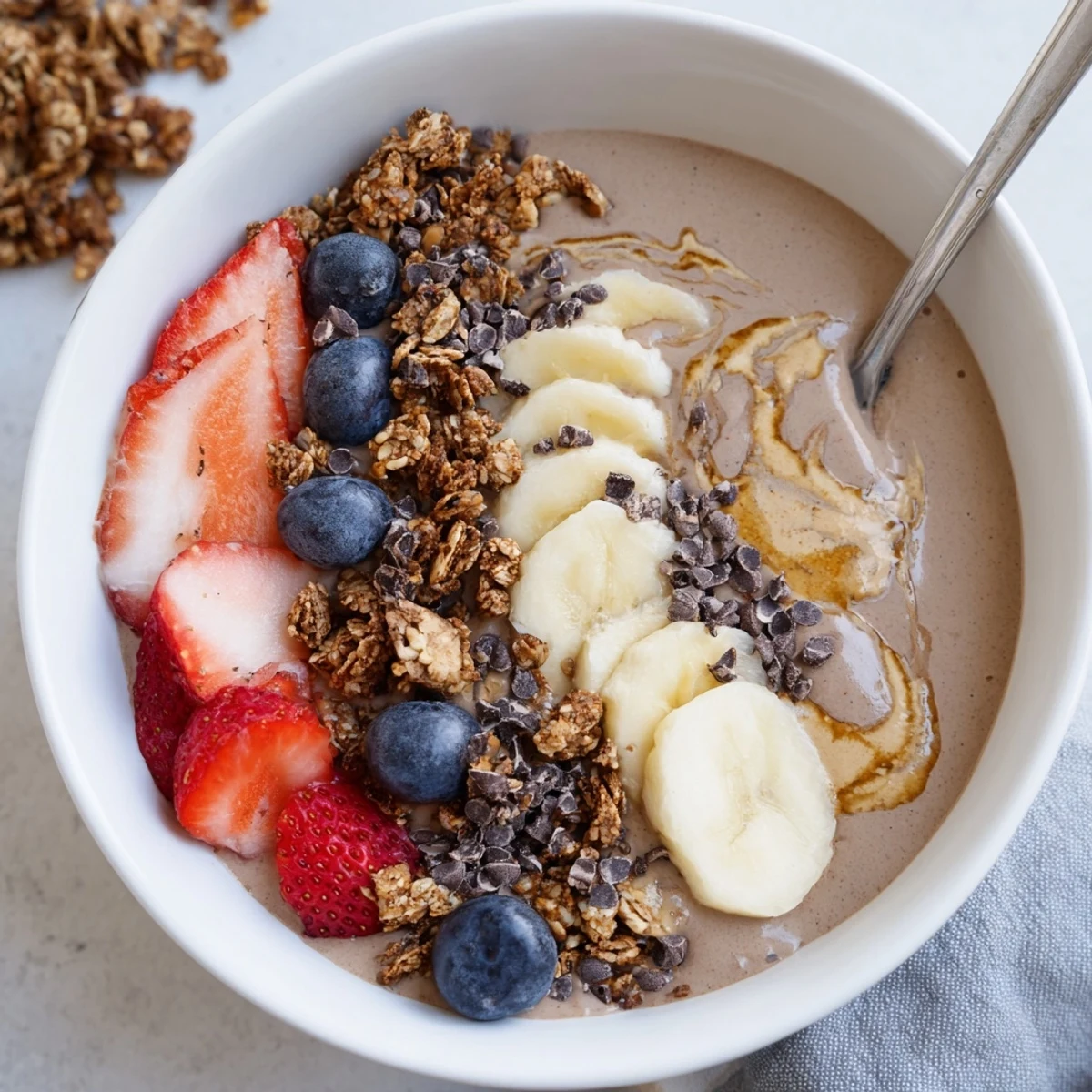 Energizing Coffee Protein Smoothie Bowl for breakfast, drizzled with maple syrup and almond butter