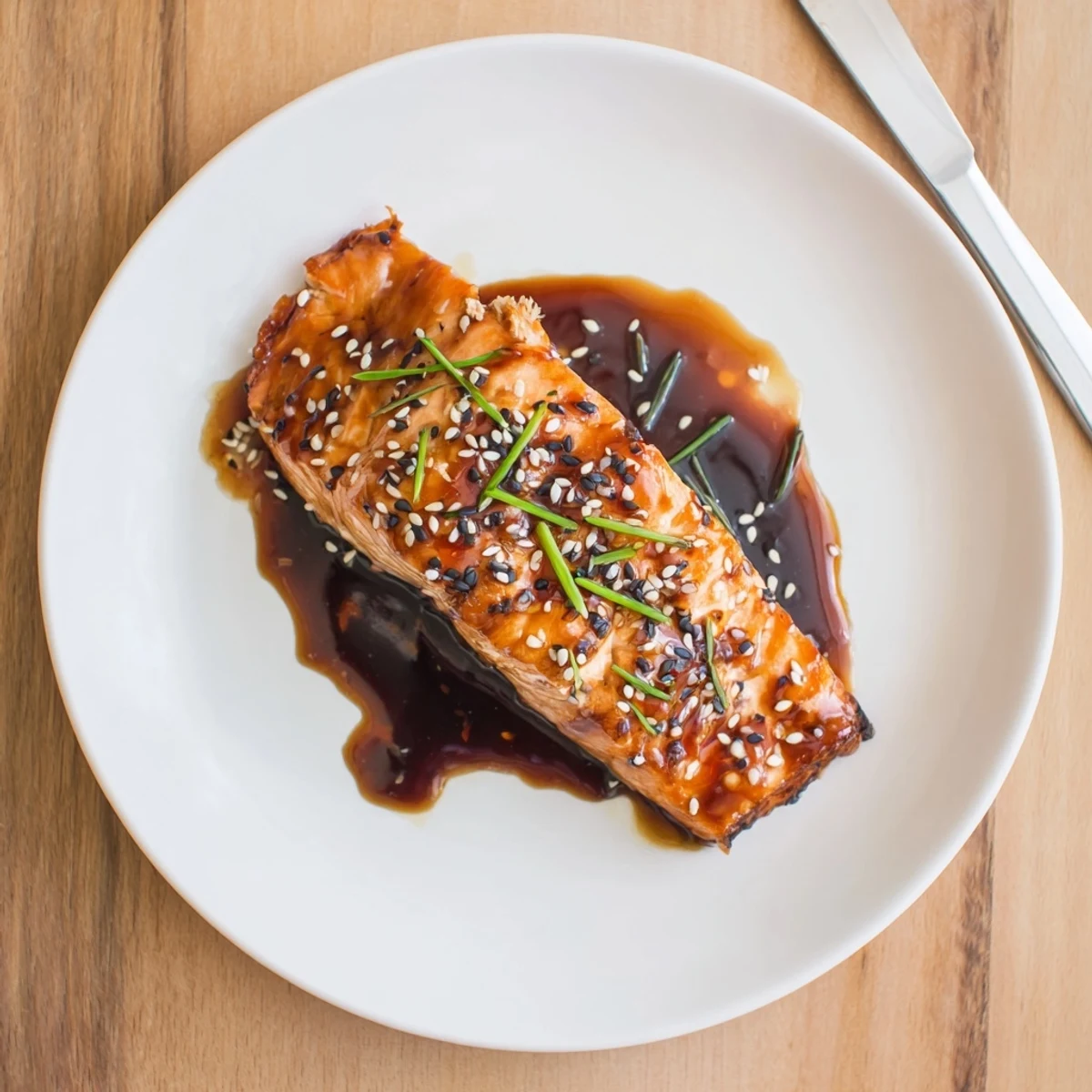 Plated Gluten Free Teriyaki Salmon Recipe served with steamed rice and greens