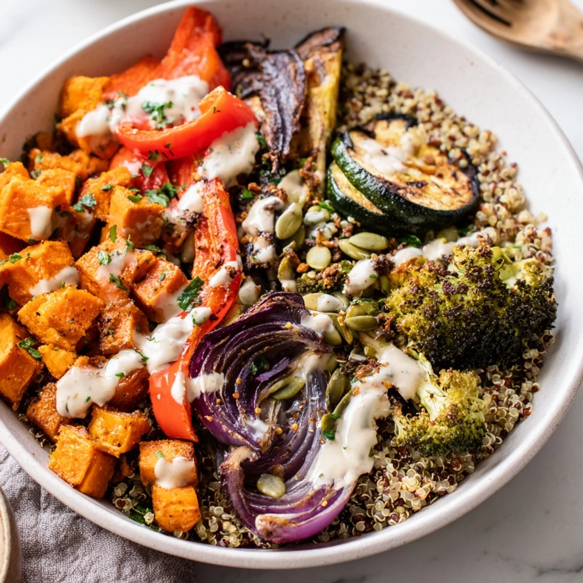 Grain bowl with roasted vegetables drizzled with creamy tahini dressing and toasted seeds