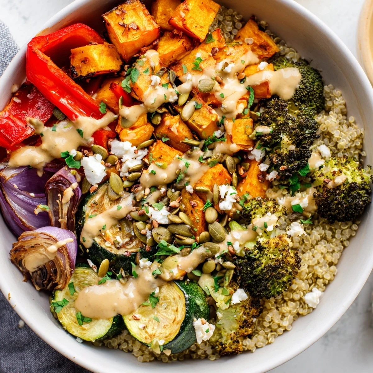 Colorful grain bowl with roasted vegetables featuring golden sweet potatoes and charred broccoli florets