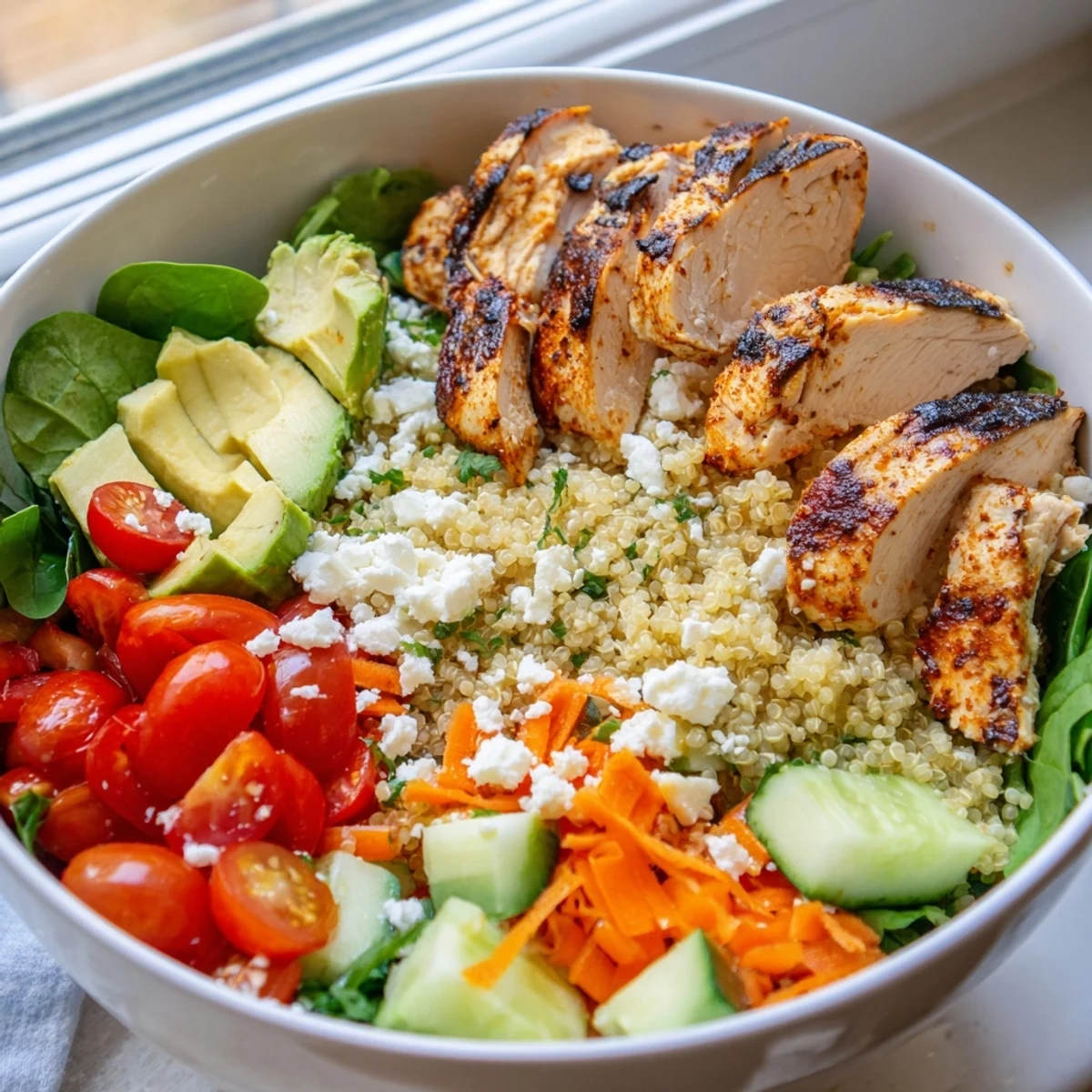 Golden sliced chicken grain bowl topped with colorful fresh vegetables and herbs