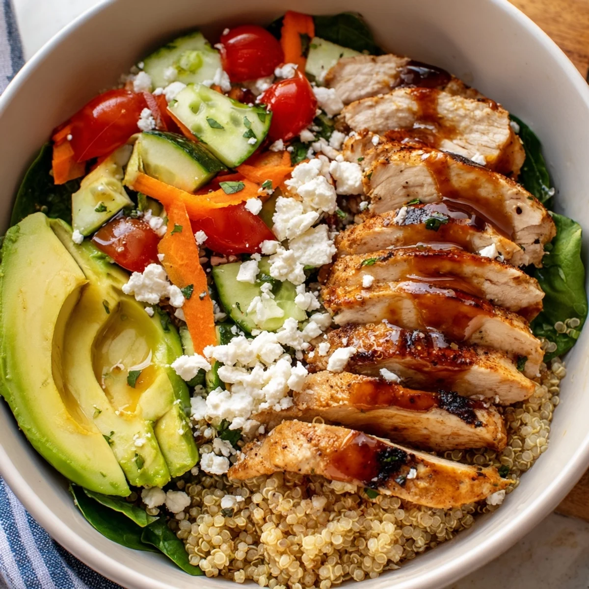 Tender grilled chicken grain bowl drizzled with bright lemon herb dressing