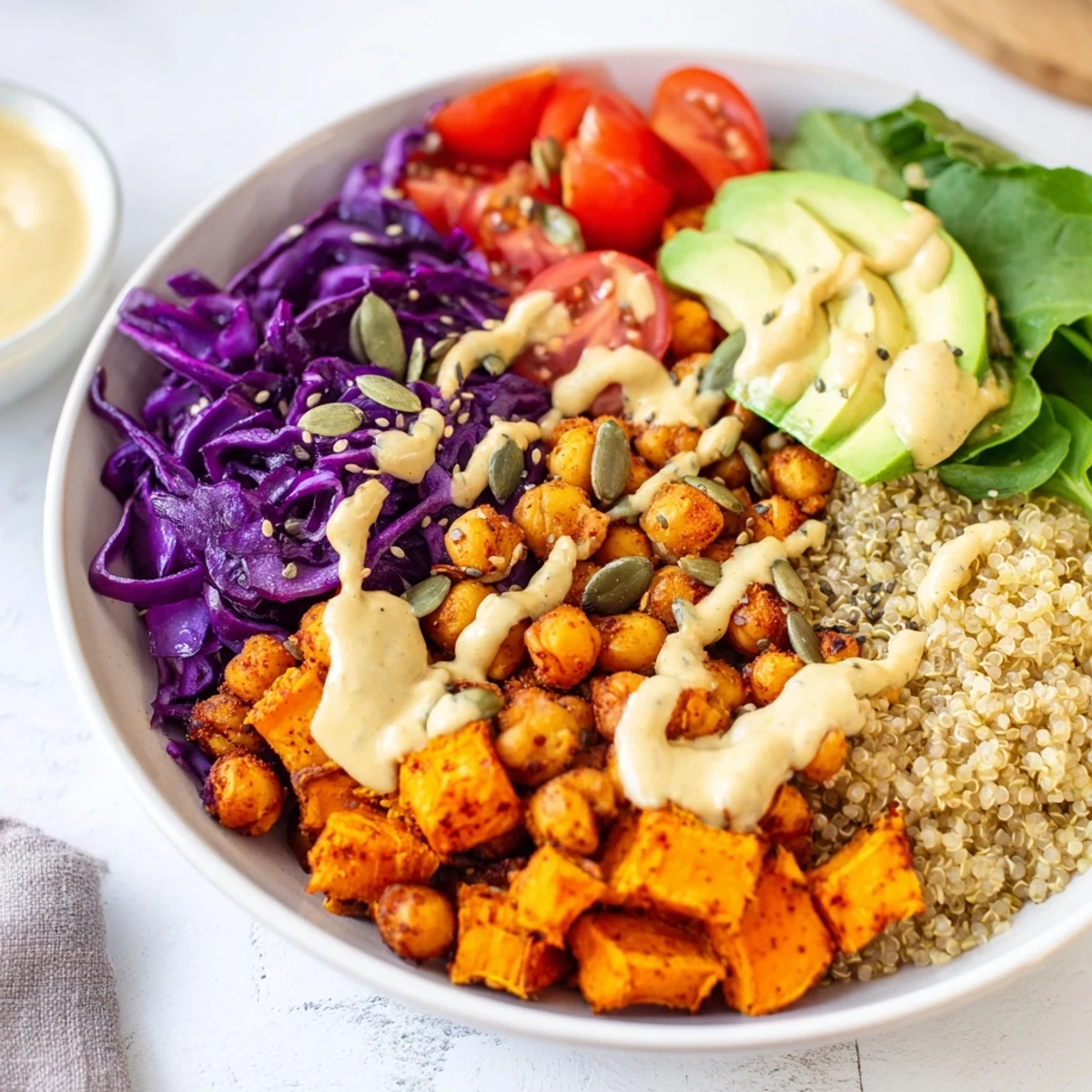 Colorful Buddha Bowl with roasted sweet potato, crispy chickpeas, and creamy tahini dressing