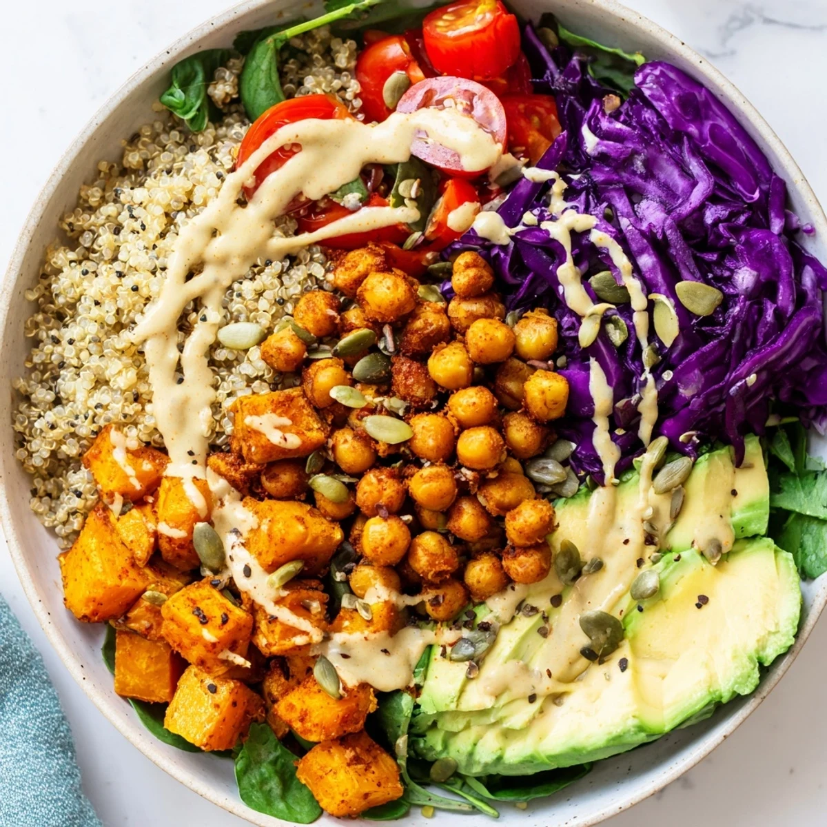 Hearty Buddha Bowl topped with spiced chickpeas, bright leafy greens, and golden sweet potato