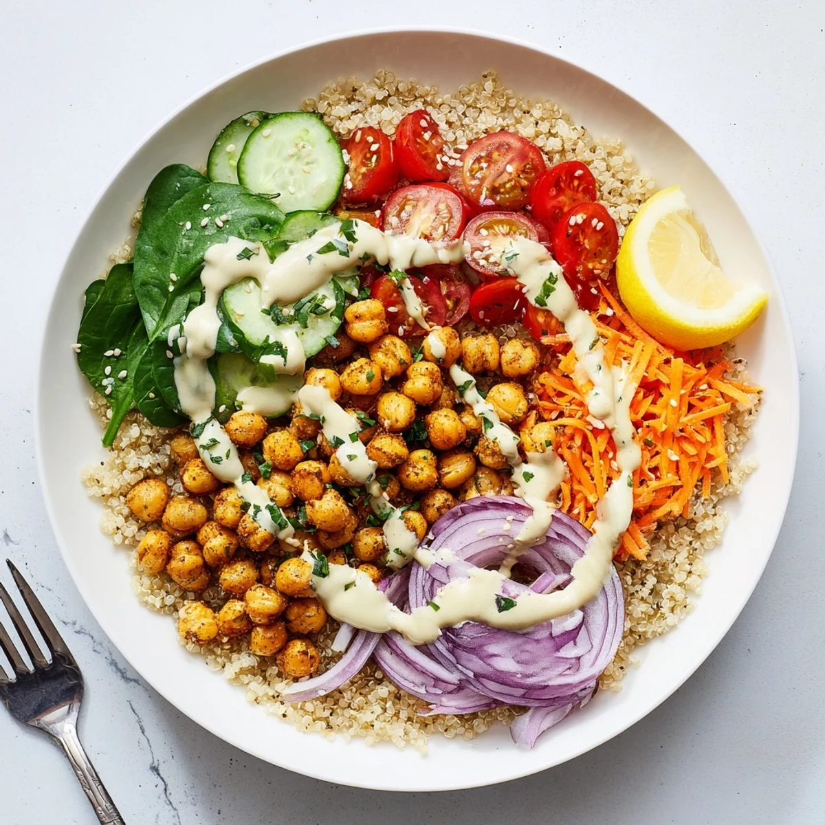 Colorful quinoa chickpea bowl topped with roasted chickpeas and fresh vegetables