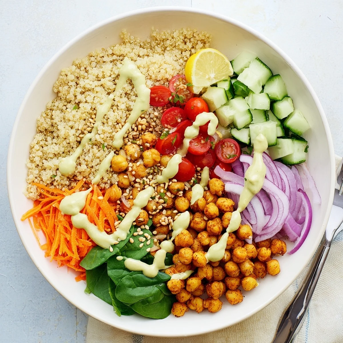 Crispy roasted chickpeas crown this vibrant quinoa chickpea bowl with greens