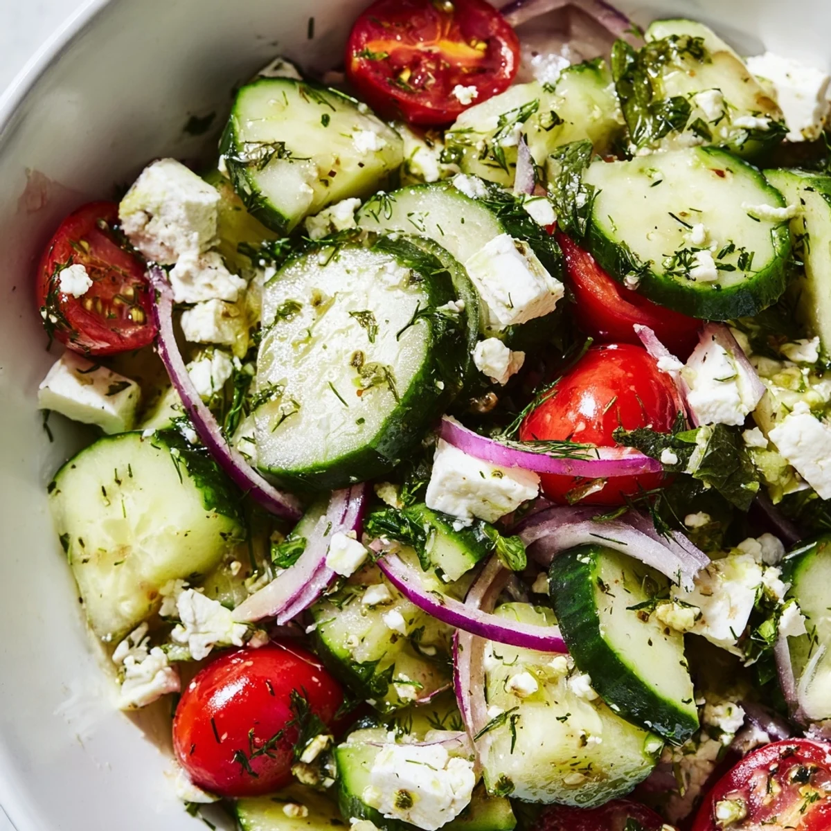 Crisp cucumber slices topped with crumbled feta and fresh herbs in a bright lemon olive oil dressing